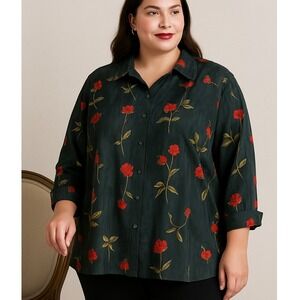 Vintage. A Personal Touch Women's Blouse 3X Black‎ Red Rose Floral USA Made Top